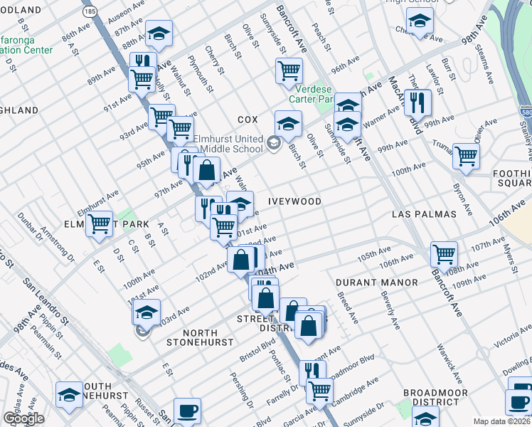 map of restaurants, bars, coffee shops, grocery stores, and more near 1618 100th Avenue in Oakland