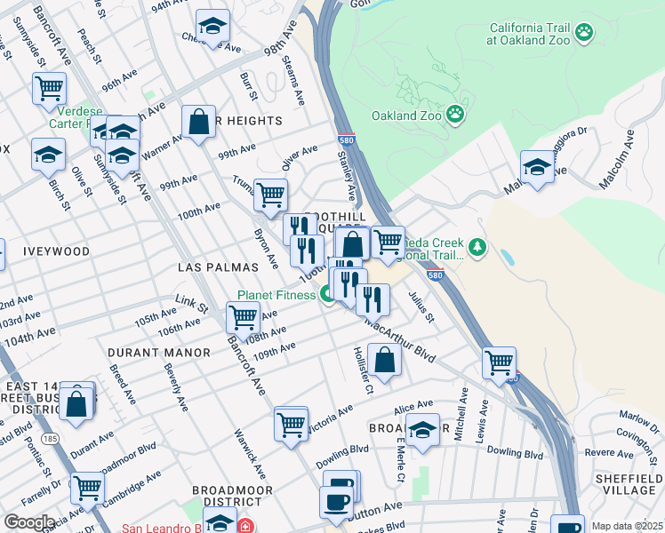 map of restaurants, bars, coffee shops, grocery stores, and more near 2646 106th Avenue in Oakland