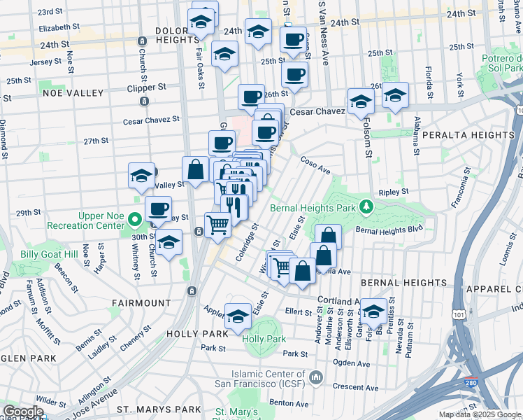 map of restaurants, bars, coffee shops, grocery stores, and more near 190 Coleridge Street in San Francisco