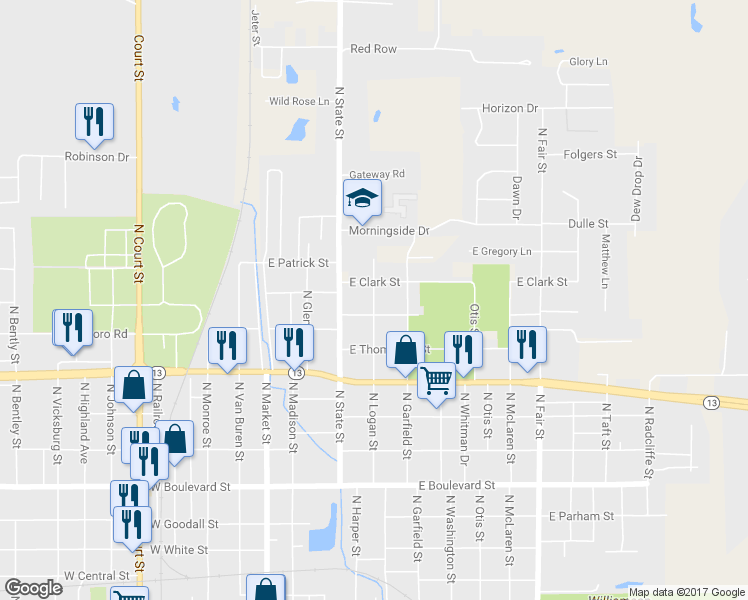 map of restaurants, bars, coffee shops, grocery stores, and more near 1405 North Logan Street in Marion