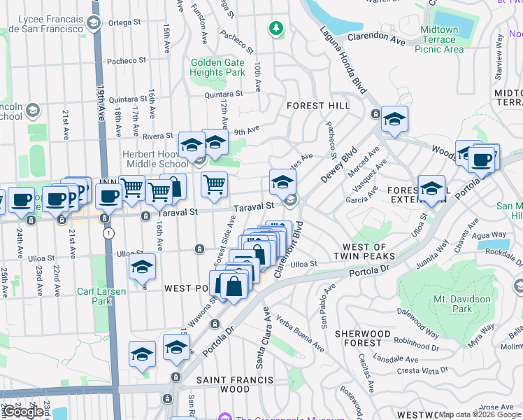 map of restaurants, bars, coffee shops, grocery stores, and more near 2 Wawona Street in San Francisco