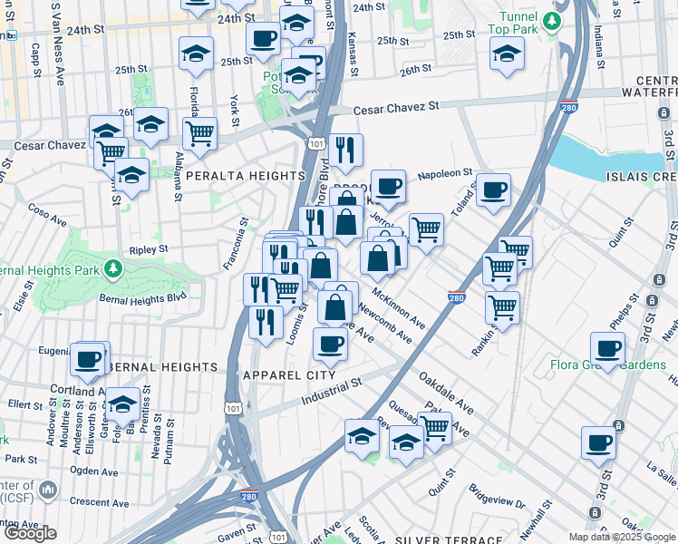 map of restaurants, bars, coffee shops, grocery stores, and more near 2298 Newcomb Avenue in San Francisco