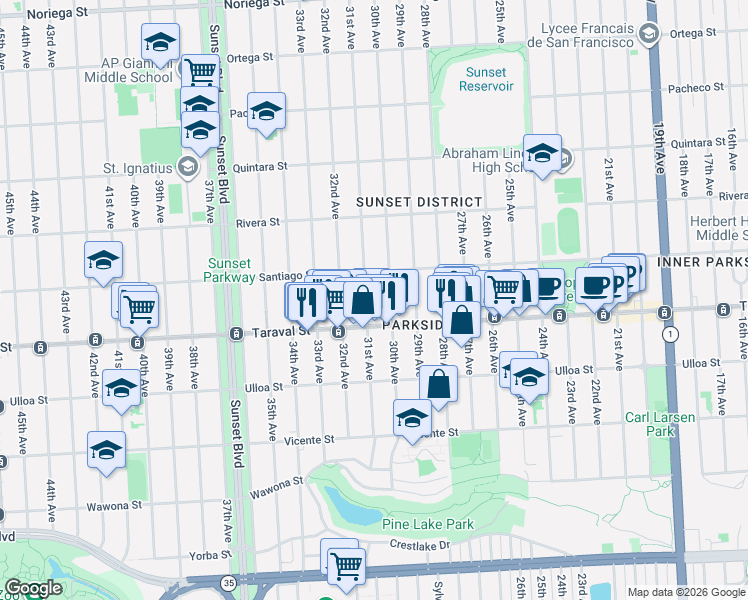 map of restaurants, bars, coffee shops, grocery stores, and more near 2374 31st Avenue in San Francisco