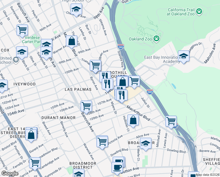 map of restaurants, bars, coffee shops, grocery stores, and more near 2617 106th Avenue in Oakland