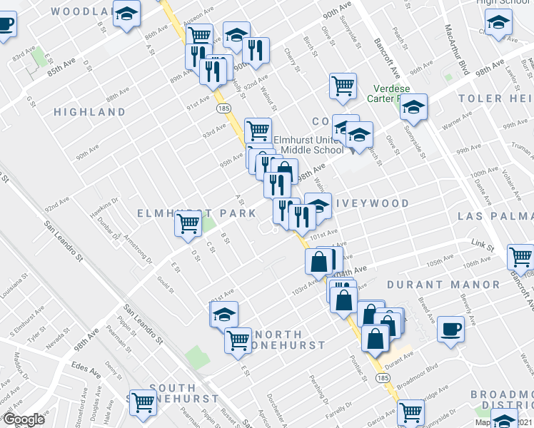 map of restaurants, bars, coffee shops, grocery stores, and more near in Oakland