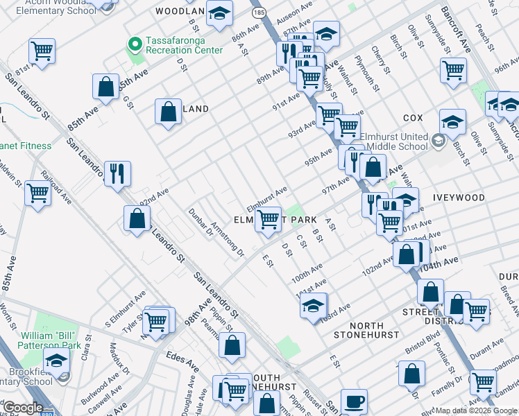 map of restaurants, bars, coffee shops, grocery stores, and more near 9642 D Street in Oakland