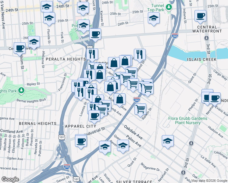 map of restaurants, bars, coffee shops, grocery stores, and more near 720 Toland St in San Francisco