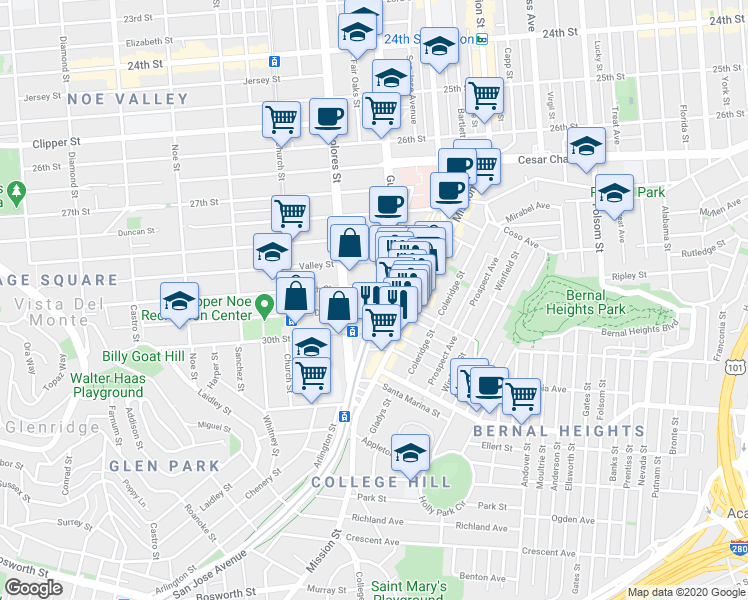 map of restaurants, bars, coffee shops, grocery stores, and more near in San Francisco