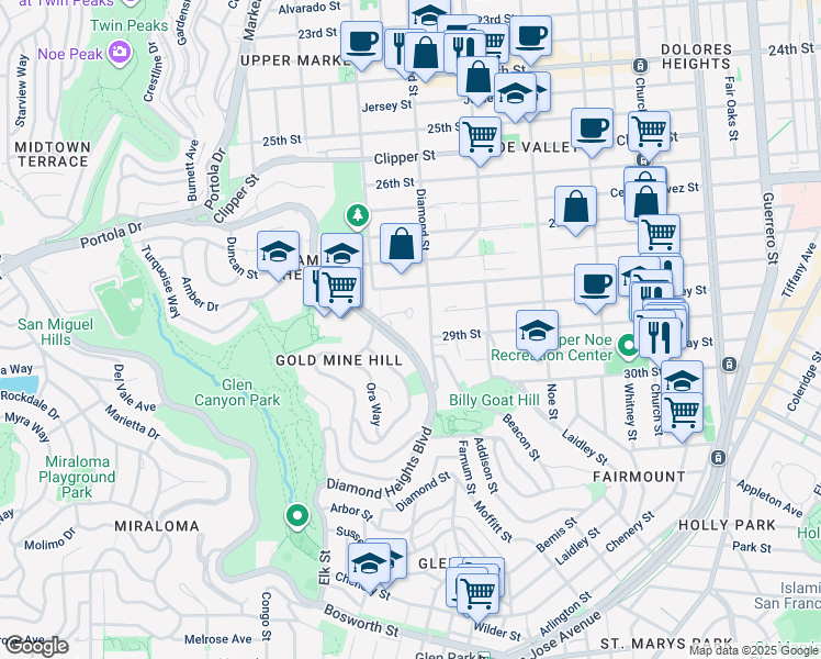 map of restaurants, bars, coffee shops, grocery stores, and more near 5355 Diamond Heights Boulevard in San Francisco