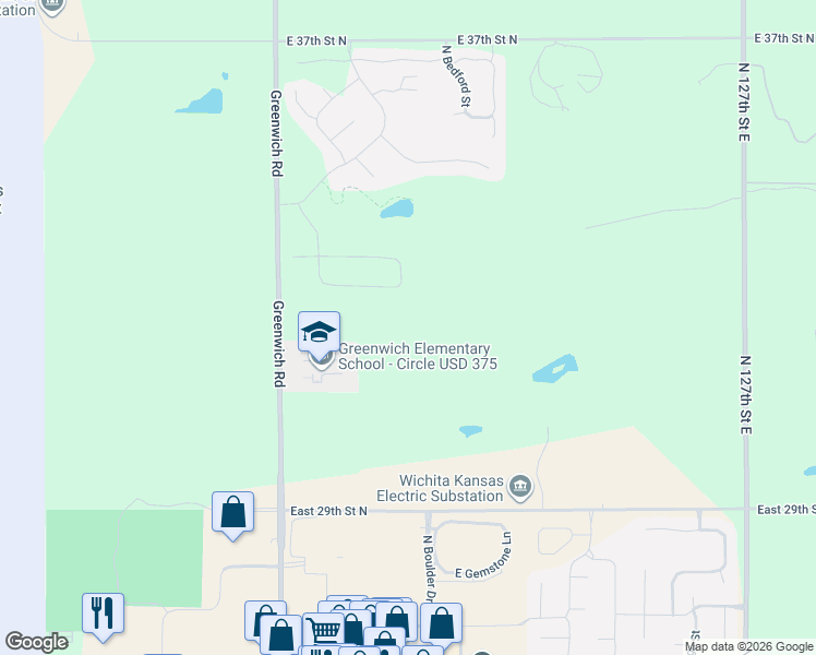 map of restaurants, bars, coffee shops, grocery stores, and more near 3250 North Greenwich Road in Wichita