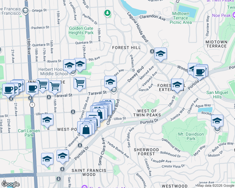 map of restaurants, bars, coffee shops, grocery stores, and more near 5 Lenox Way in San Francisco