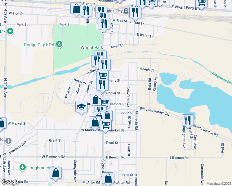 map of restaurants, bars, coffee shops, grocery stores, and more near 201 Poplar Street in Dodge City