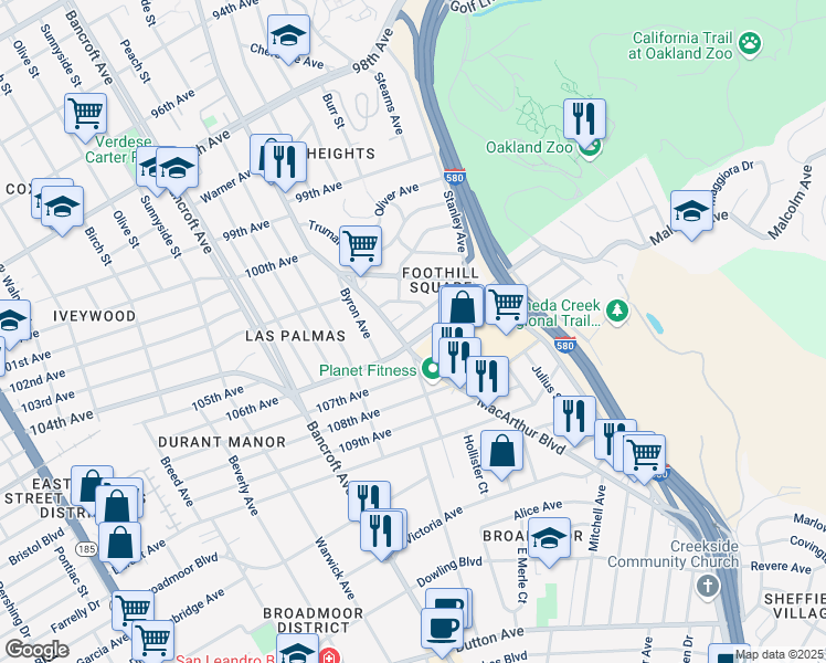 map of restaurants, bars, coffee shops, grocery stores, and more near 2617 106th Avenue in Oakland