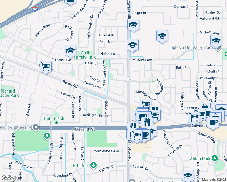 map of restaurants, bars, coffee shops, grocery stores, and more near 2119 Lara Lane in Tracy