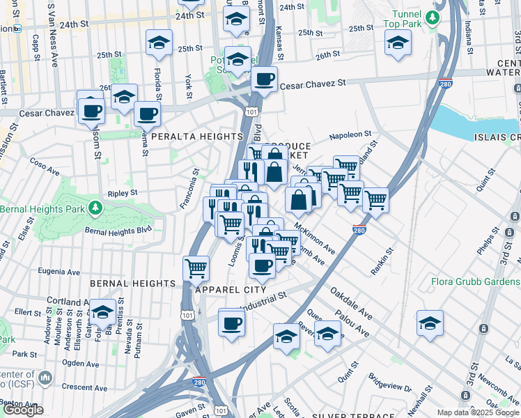 map of restaurants, bars, coffee shops, grocery stores, and more near 2298 Newcomb Avenue in San Francisco