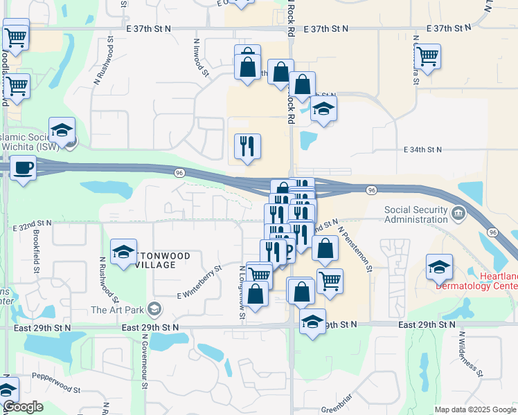 map of restaurants, bars, coffee shops, grocery stores, and more near 7824 East 32nd Street North in Wichita