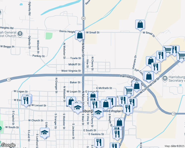 map of restaurants, bars, coffee shops, grocery stores, and more near N Cherry St in Harrisburg