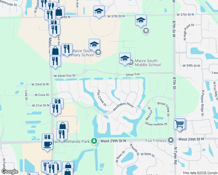map of restaurants, bars, coffee shops, grocery stores, and more near 9802 Westlakes Parkway in Wichita