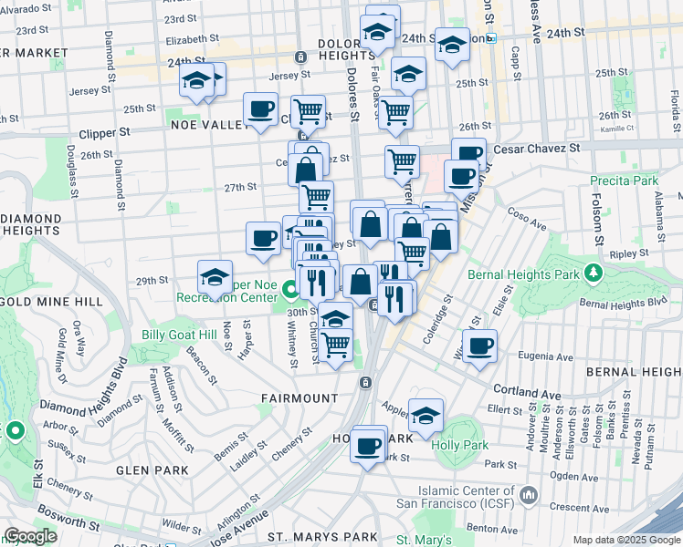 map of restaurants, bars, coffee shops, grocery stores, and more near 152 Day Street in San Francisco