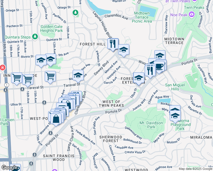 map of restaurants, bars, coffee shops, grocery stores, and more near 375 Edgehill Way in San Francisco