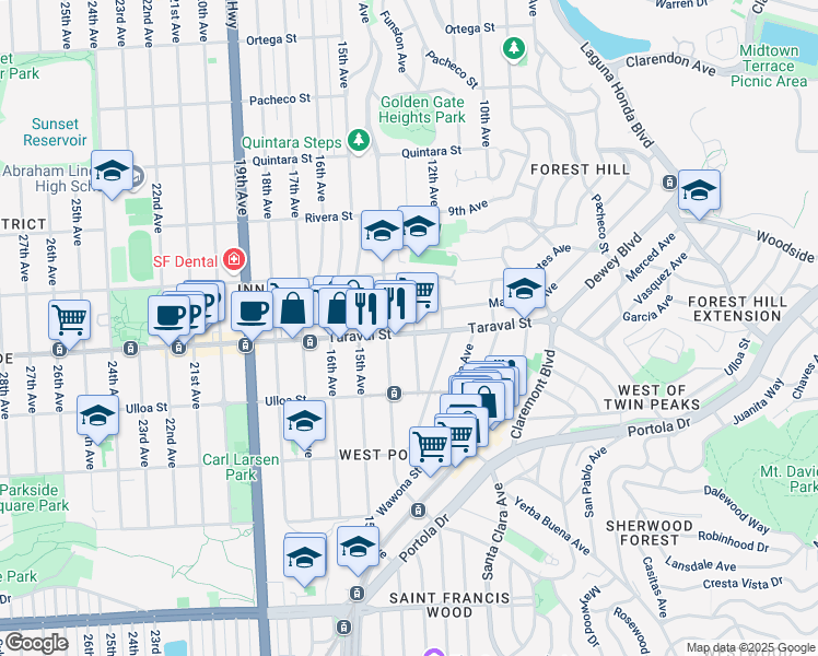 map of restaurants, bars, coffee shops, grocery stores, and more near 2412 Funston Avenue in San Francisco
