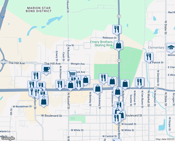 map of restaurants, bars, coffee shops, grocery stores, and more near 1303 North Bently Street in Marion