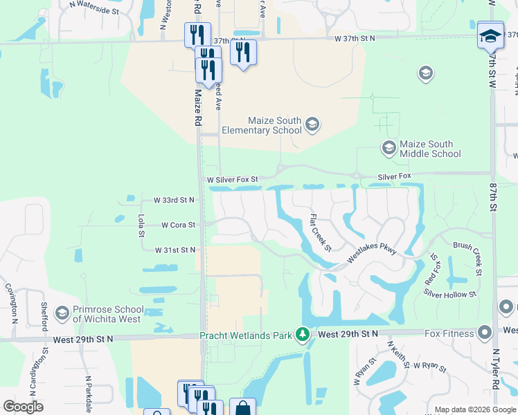 map of restaurants, bars, coffee shops, grocery stores, and more near 10104 West Westlakes Court in Wichita