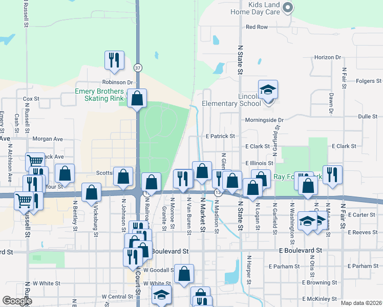 map of restaurants, bars, coffee shops, grocery stores, and more near 3057-4099 North Market Street in Marion
