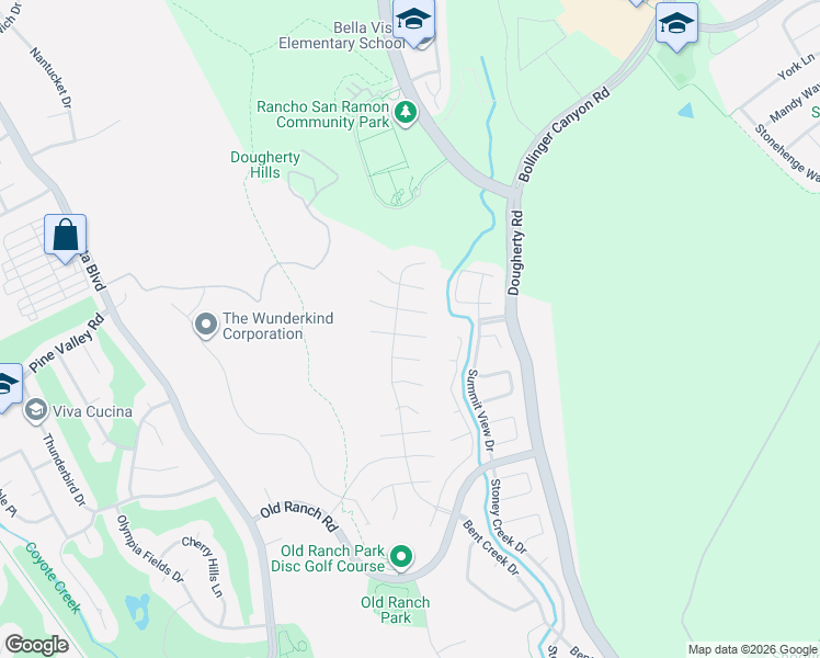 map of restaurants, bars, coffee shops, grocery stores, and more near 605 Bancroft Place in San Ramon