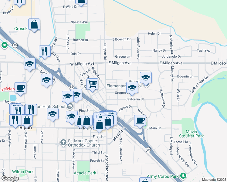 map of restaurants, bars, coffee shops, grocery stores, and more near 143 Oregon Street in Ripon