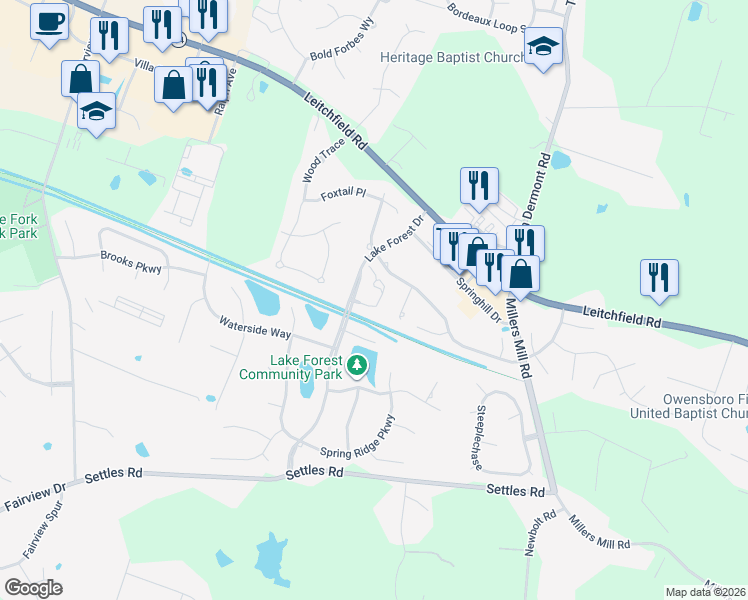 map of restaurants, bars, coffee shops, grocery stores, and more near 3124 Spring Run in Owensboro
