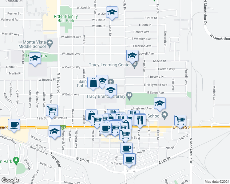 map of restaurants, bars, coffee shops, grocery stores, and more near 103 West Eaton Avenue in Tracy