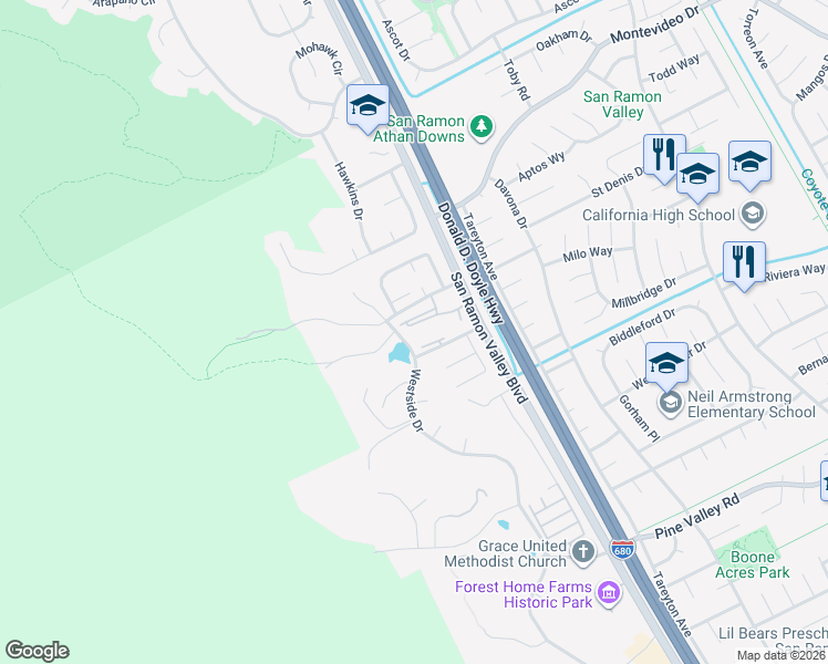 map of restaurants, bars, coffee shops, grocery stores, and more near 2320 Whitetail Lane in San Ramon