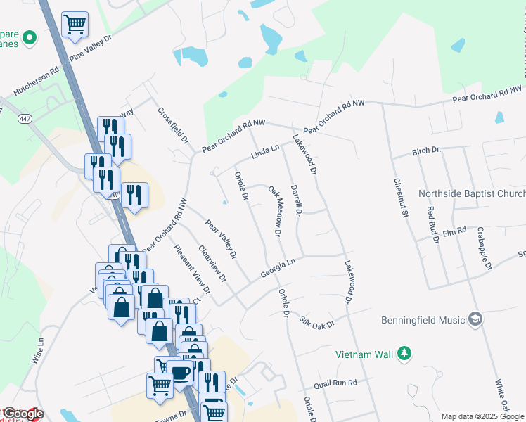 map of restaurants, bars, coffee shops, grocery stores, and more near 2012 Oak Meadow Drive in Elizabethtown