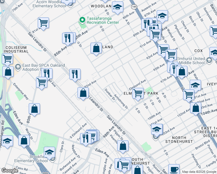 map of restaurants, bars, coffee shops, grocery stores, and more near 9417 Dunbar Drive in Oakland
