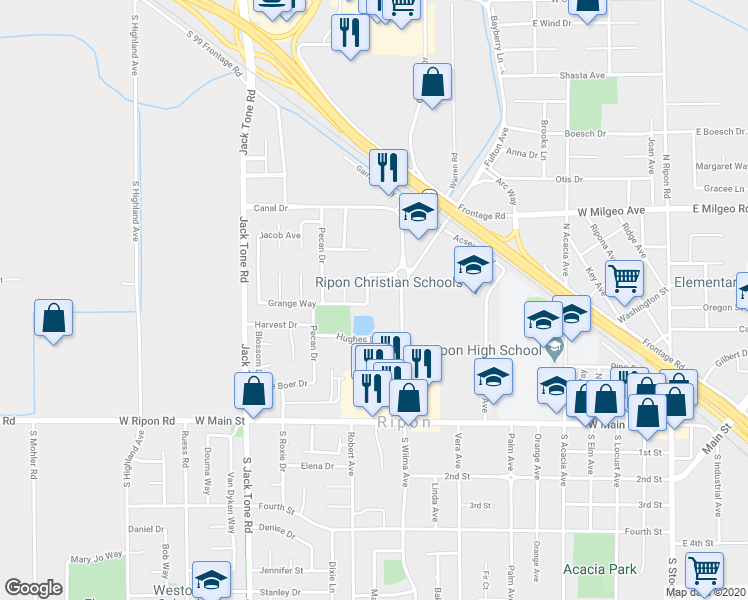map of restaurants, bars, coffee shops, grocery stores, and more near 1135 Hughes Lane in Ripon