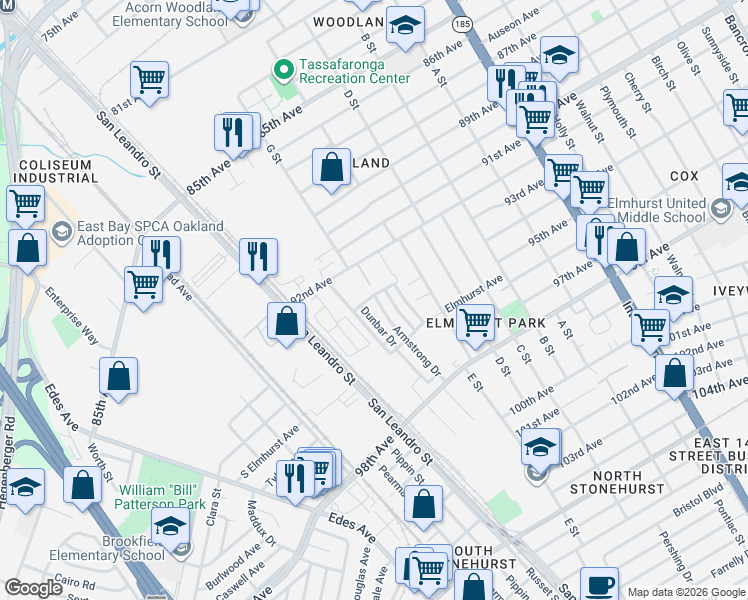 map of restaurants, bars, coffee shops, grocery stores, and more near 9417 Dunbar Drive in Oakland