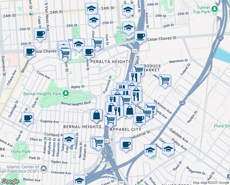 map of restaurants, bars, coffee shops, grocery stores, and more near 416 Holladay Avenue in San Francisco