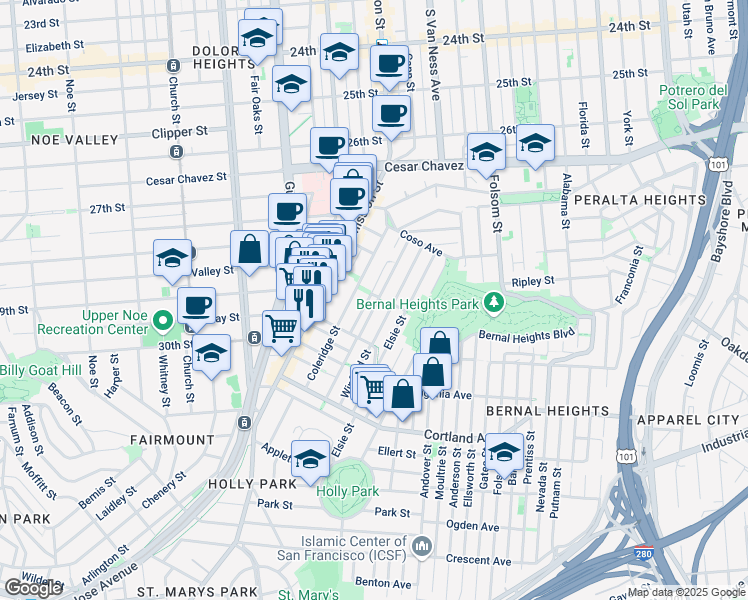 map of restaurants, bars, coffee shops, grocery stores, and more near in San Francisco