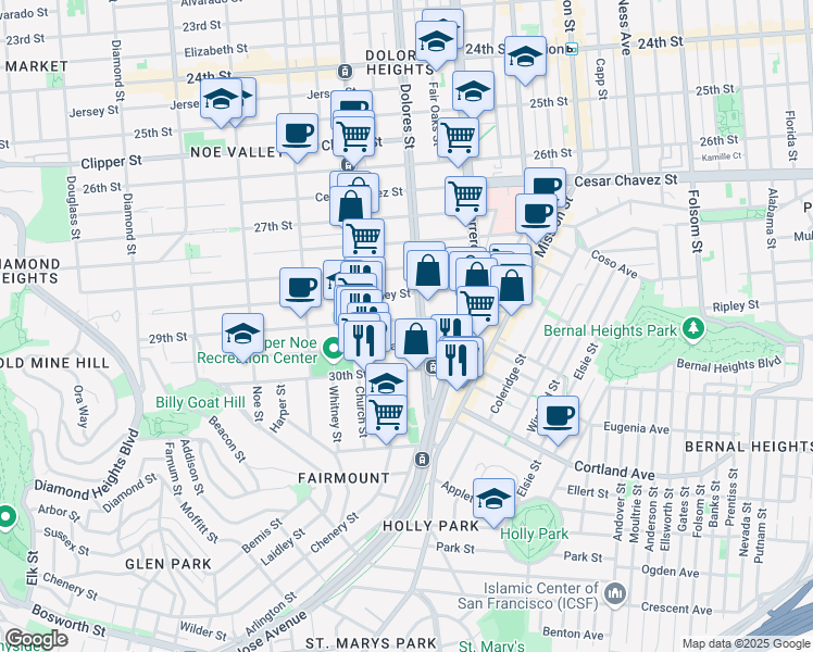 map of restaurants, bars, coffee shops, grocery stores, and more near 152 Day Street in San Francisco