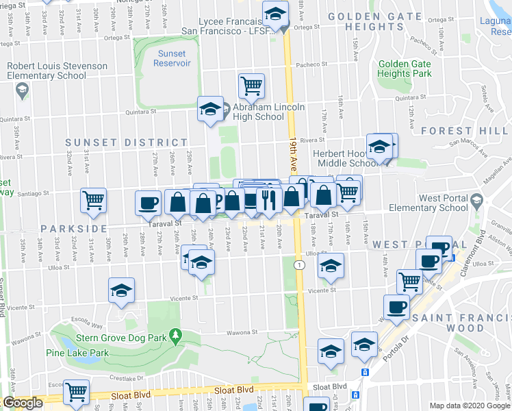 map of restaurants, bars, coffee shops, grocery stores, and more near 1108 Taraval Street in San Francisco