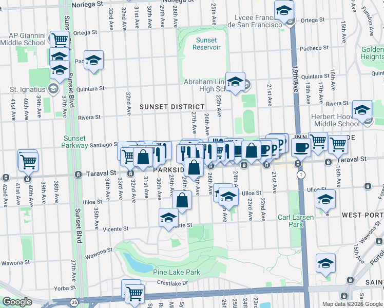 map of restaurants, bars, coffee shops, grocery stores, and more near 1644 Taraval Street in San Francisco