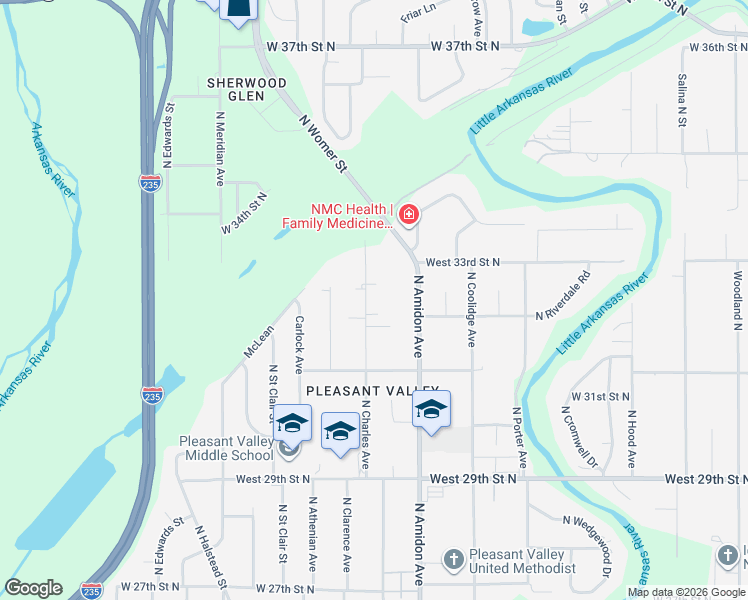 map of restaurants, bars, coffee shops, grocery stores, and more near 3300 North Charles Avenue in Wichita