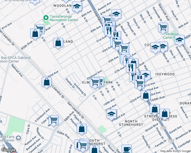 map of restaurants, bars, coffee shops, grocery stores, and more near 1116 Elmhurst Avenue in Oakland