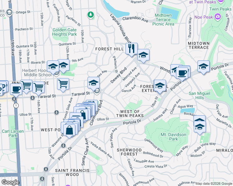 map of restaurants, bars, coffee shops, grocery stores, and more near 166 Kensington Way in San Francisco