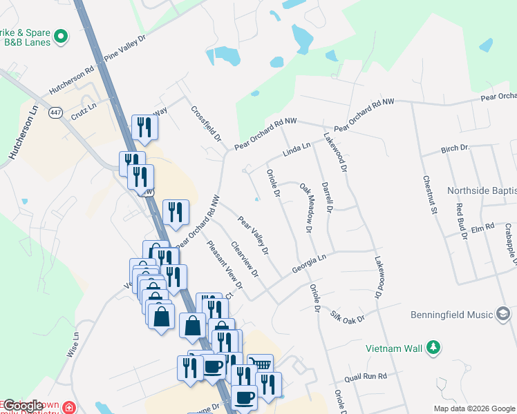map of restaurants, bars, coffee shops, grocery stores, and more near 2053 Pear Valley Dr in Elizabethtown