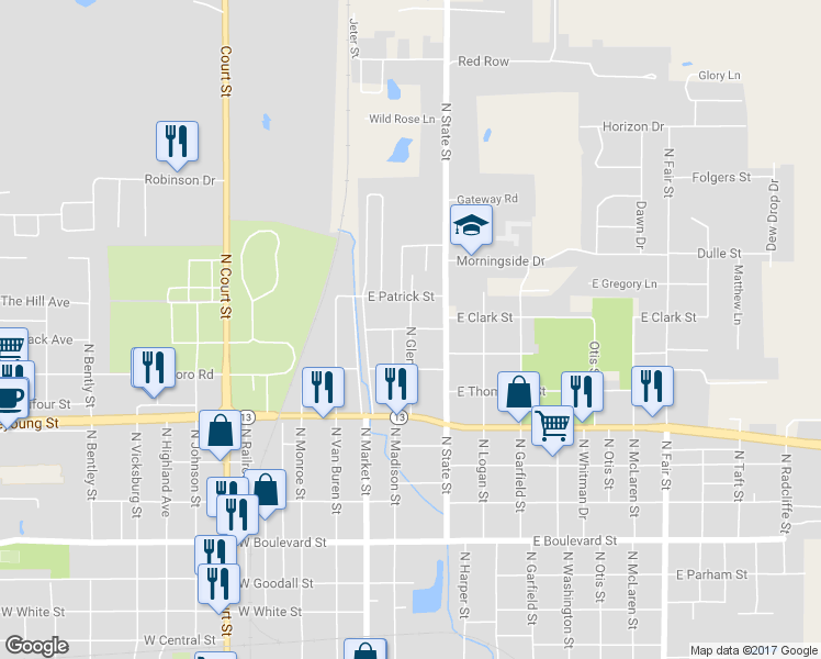 map of restaurants, bars, coffee shops, grocery stores, and more near 1398 North Glendale Street in Marion