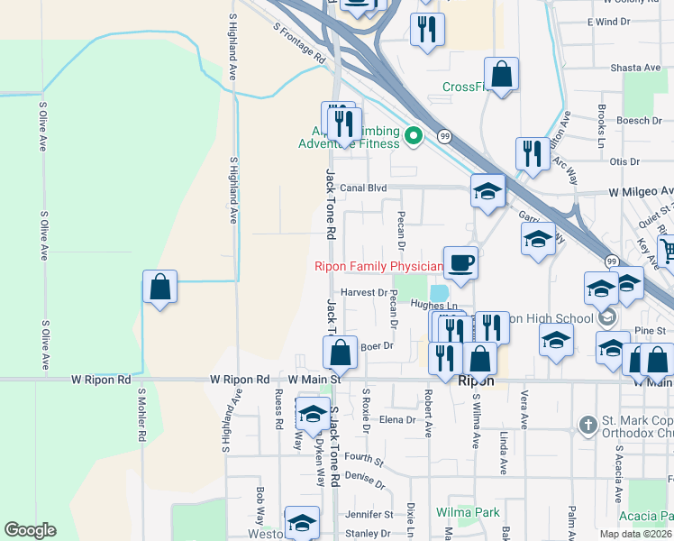 map of restaurants, bars, coffee shops, grocery stores, and more near 505 Meadowland Drive in Ripon