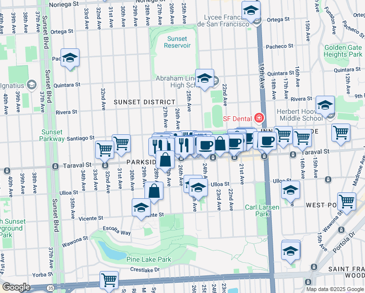 map of restaurants, bars, coffee shops, grocery stores, and more near 2350 26th Avenue in San Francisco