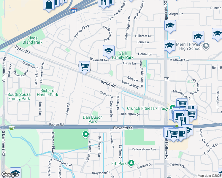 map of restaurants, bars, coffee shops, grocery stores, and more near 2429 Gaines Lane in Tracy